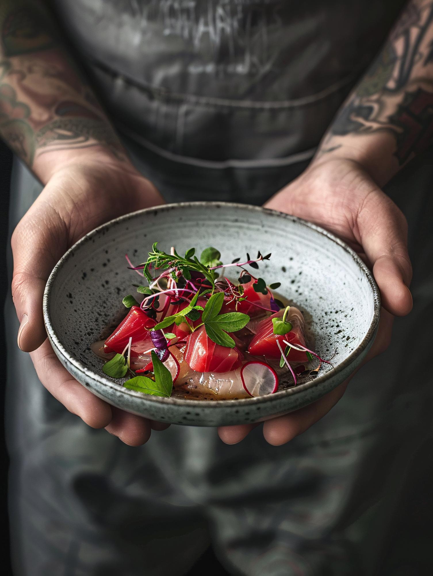 Chef preparing plated dish in calm studio